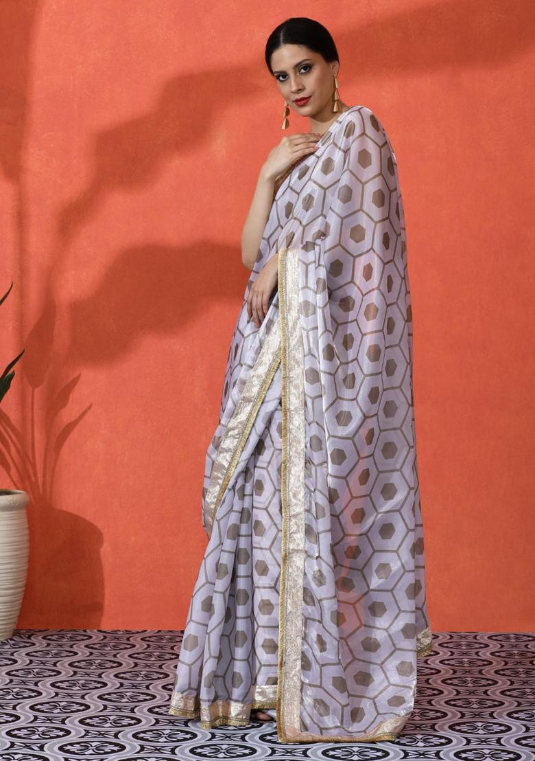 White Geometric Print Chinon Saree Set - Indya