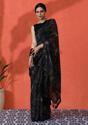 Black Floral Print Chinon Saree Set