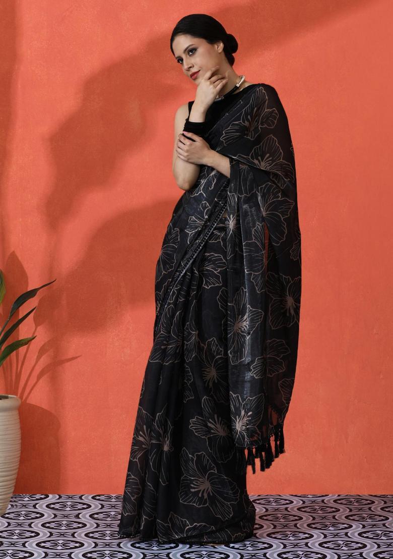 Black Floral Print Chinon Saree Set - Indya