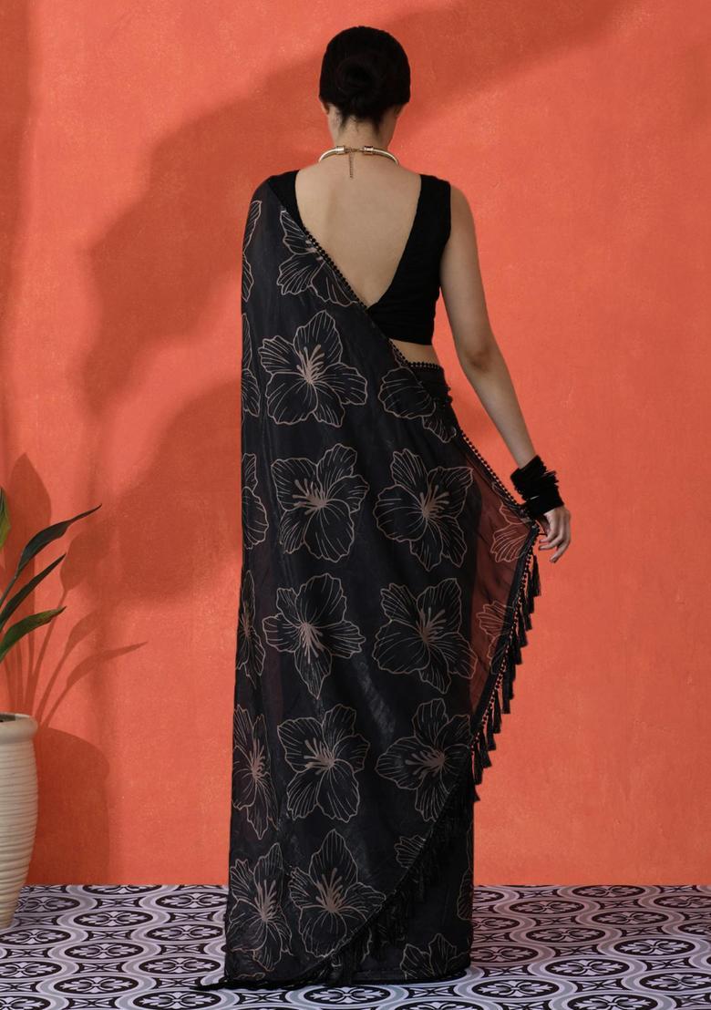 Black Floral Print Chinon Saree Set - Indya