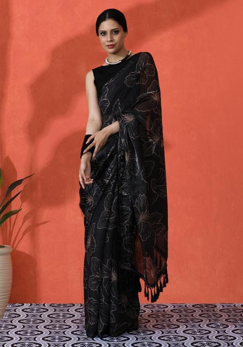 Black Floral Print Chinon Saree Set