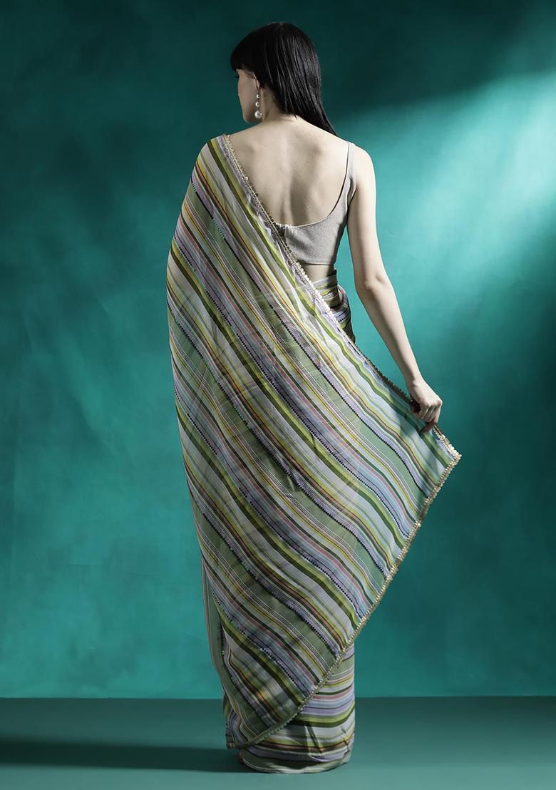 Olive Green Sequin Work Georgette Saree Set - Indya