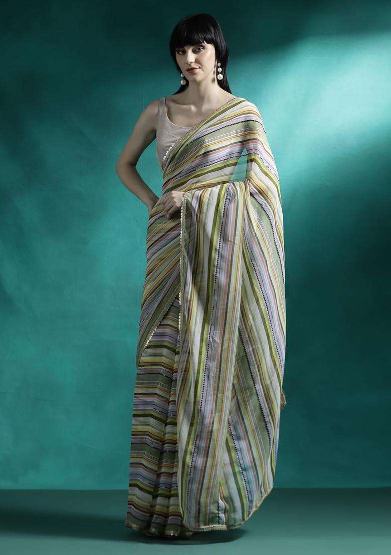 Olive Green Work Georgette Saree Set with Sequin for Diwali | Wedding & Festive Wear - Indya