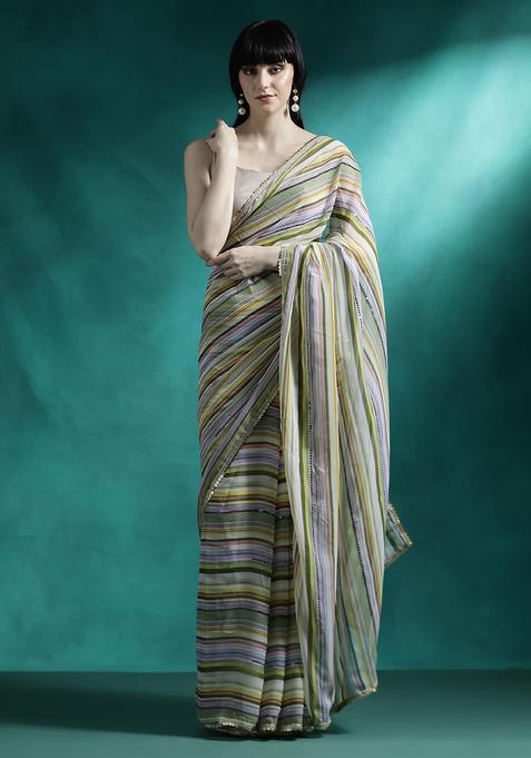 Olive Green Sequin Work Georgette Saree Set
