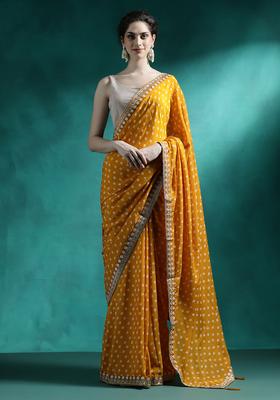 Mustard Printed Georgette Saree Set
