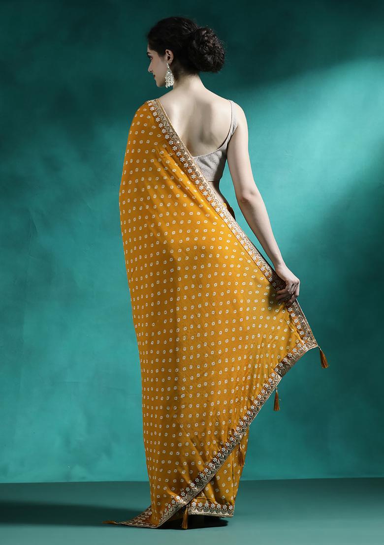 Mustard Printed Georgette Saree Set - Indya
