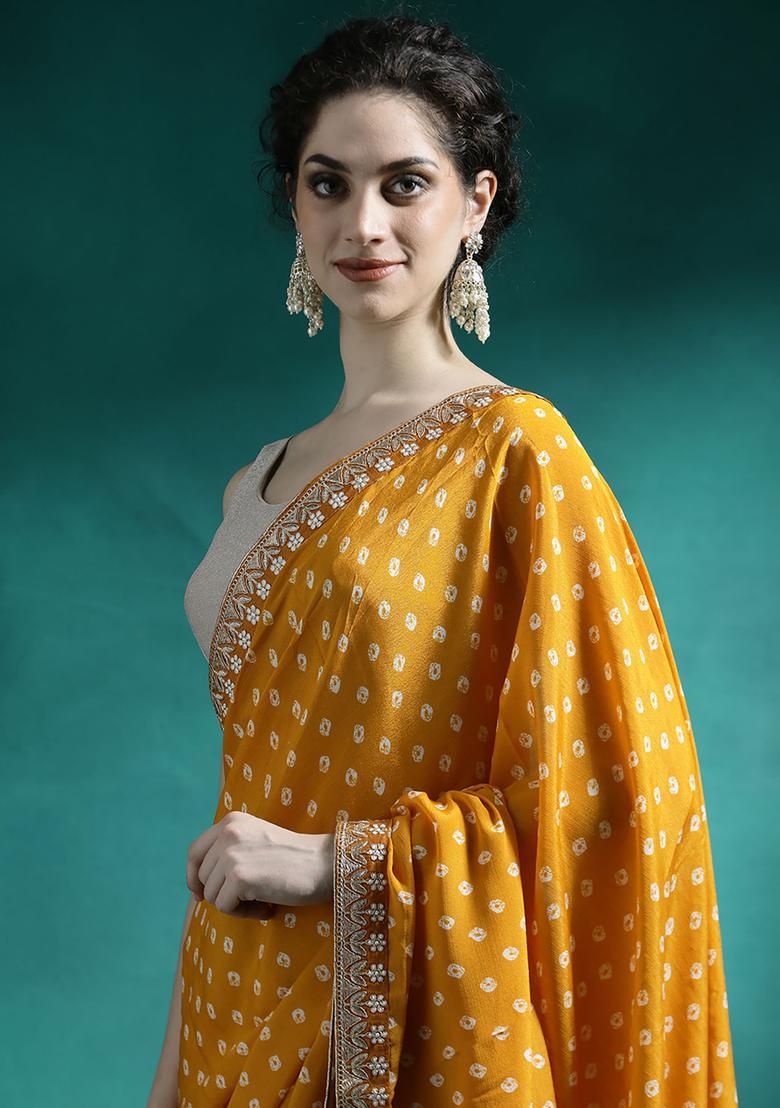 Mustard Printed Georgette Saree Set - Indya