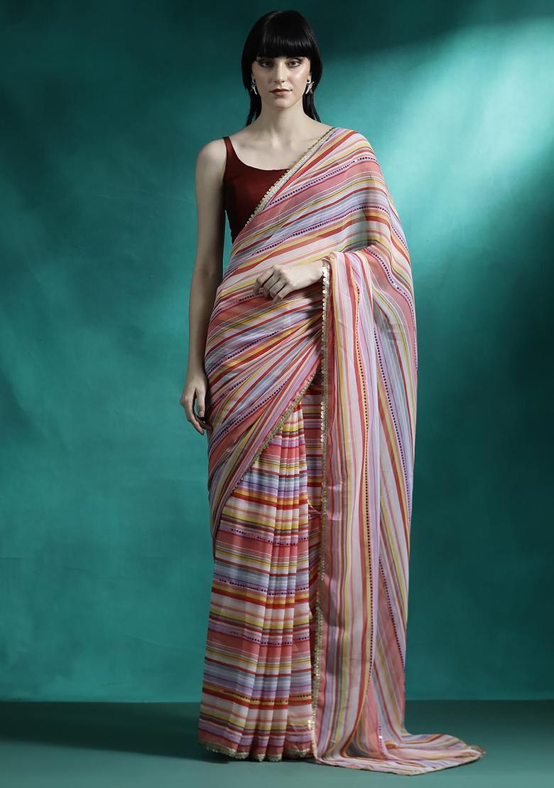 Multicolor Embroidered Georgette Saree Set - Indya