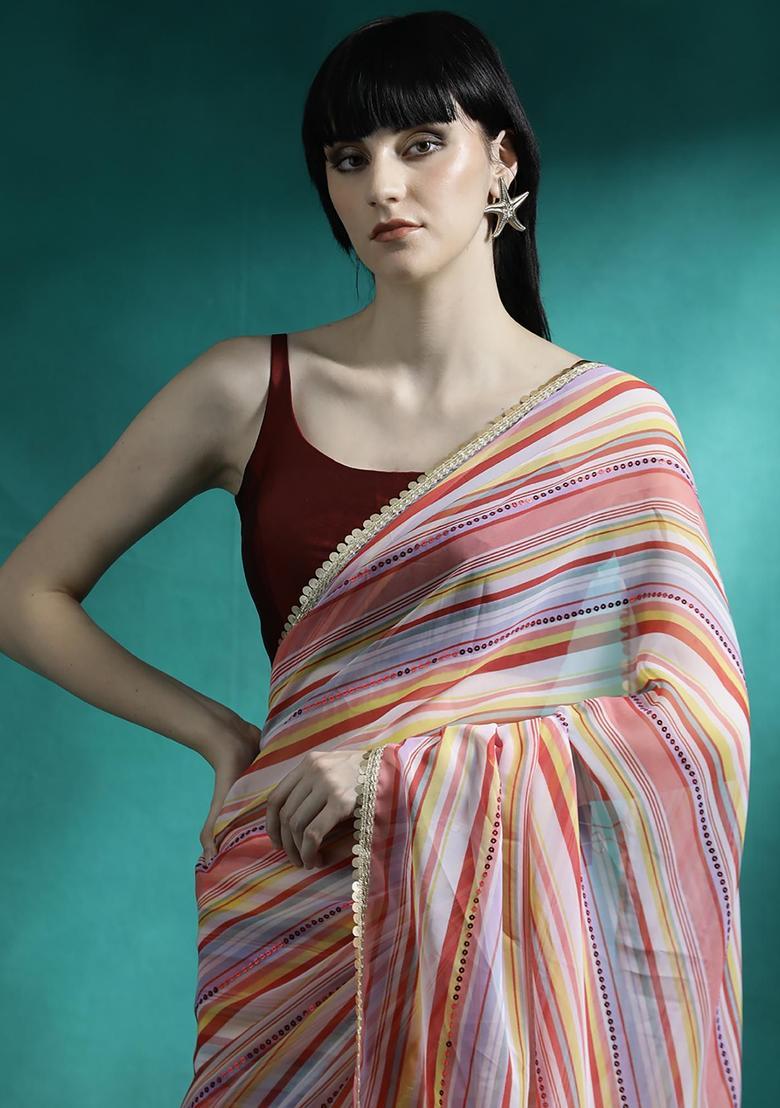 Multicolor Embroidered Georgette Saree Set - Indya