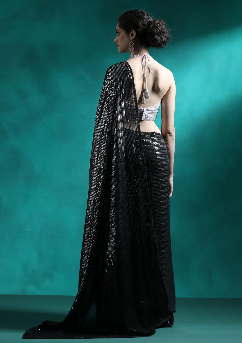 Black Sequin Work Georgette Saree Set - Indya