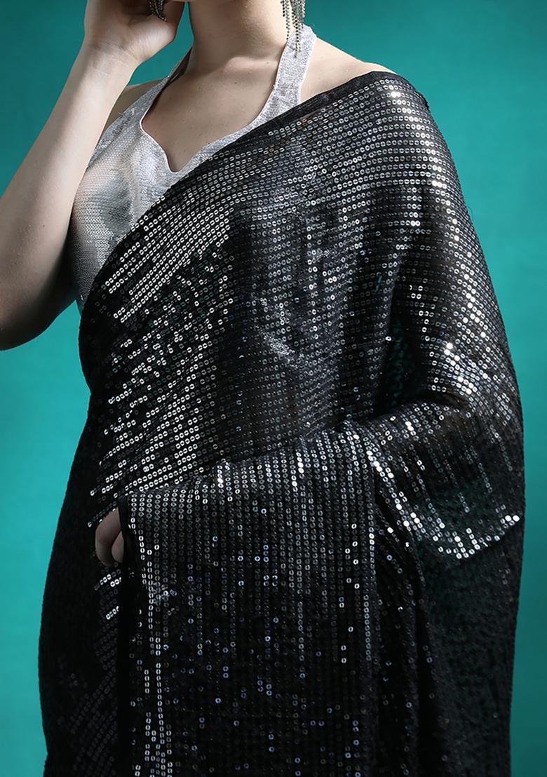 Black Sequin Work Georgette Saree Set - Indya