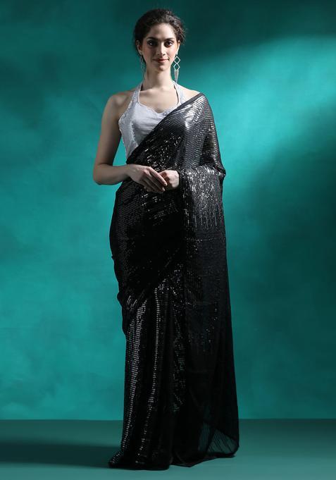 Black Sequin Work Georgette Saree Set
