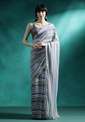 Steel Blue Stripes Georgette Saree Set