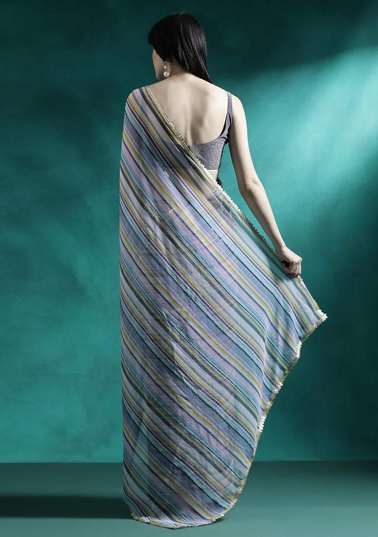 Steel Blue Stripes Georgette Saree Set - Indya