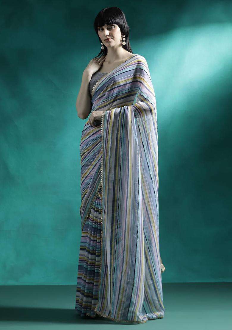 Steel Blue Stripes Georgette Saree Set for Diwali | Wedding & Festive Wear - Indya
