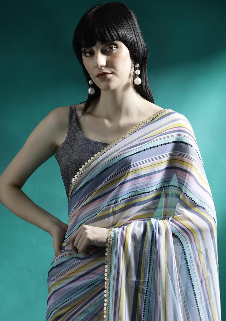 Steel Blue Stripes Georgette Saree Set - Indya