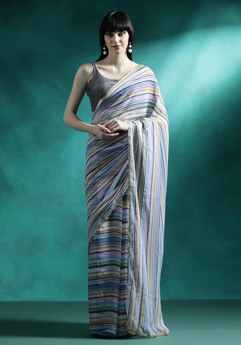 Steel Blue Stripes Georgette Saree Set