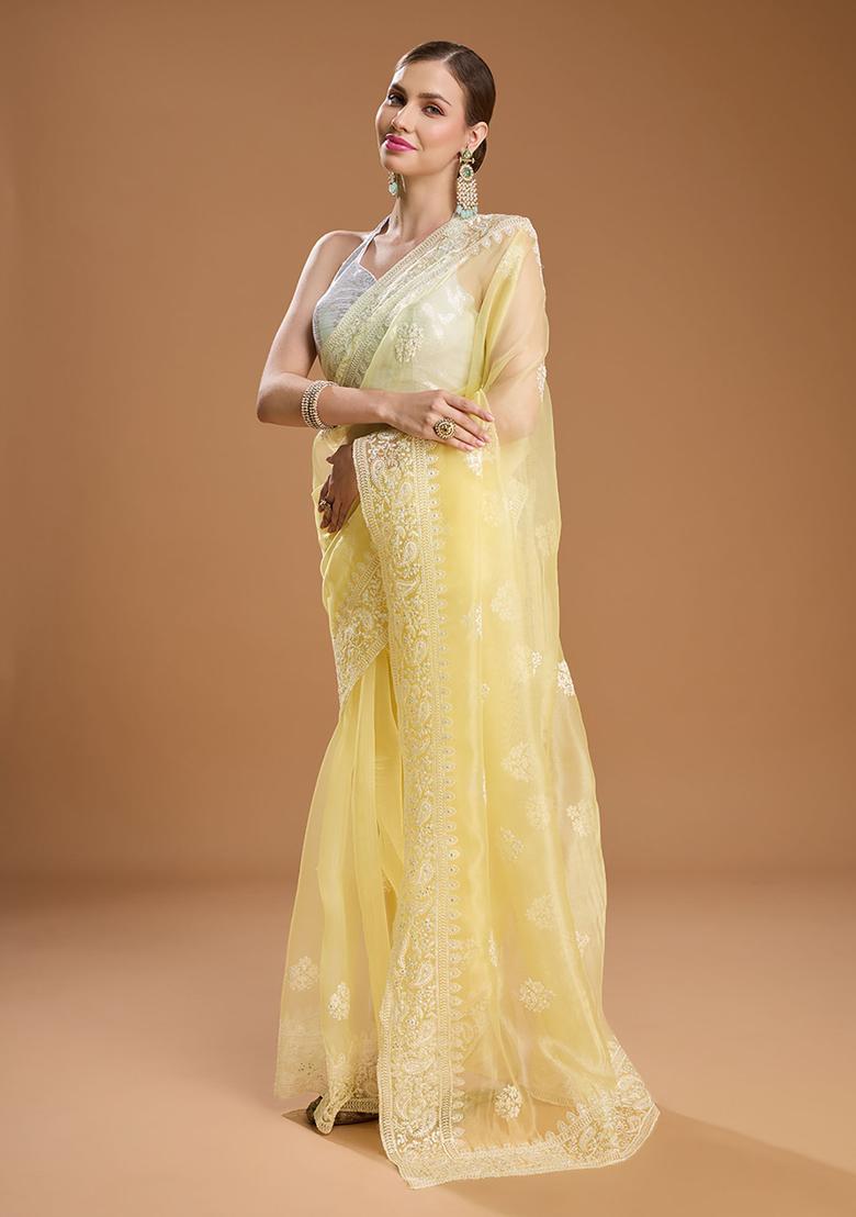Yellow Embroidered Organza Saree Set - Indya