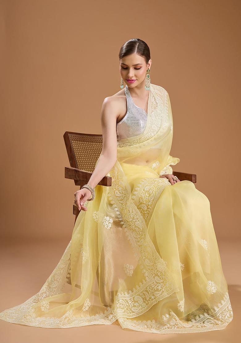 Yellow Embroidered Organza Saree Set - Indya