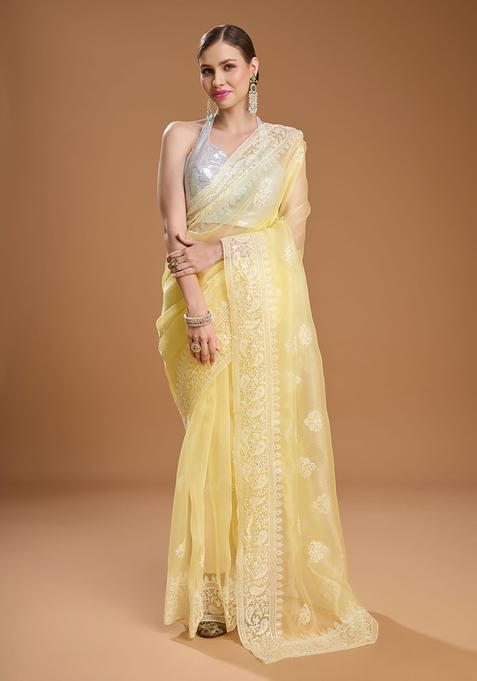 Yellow Embroidered Organza Saree Set