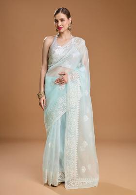 Blue Embroidered Organza Saree Set