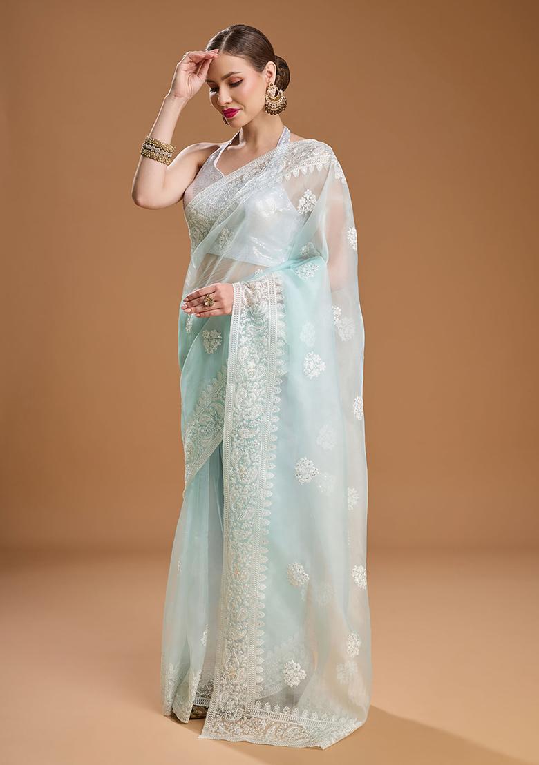 Blue Embroidered Organza Saree Set - Indya