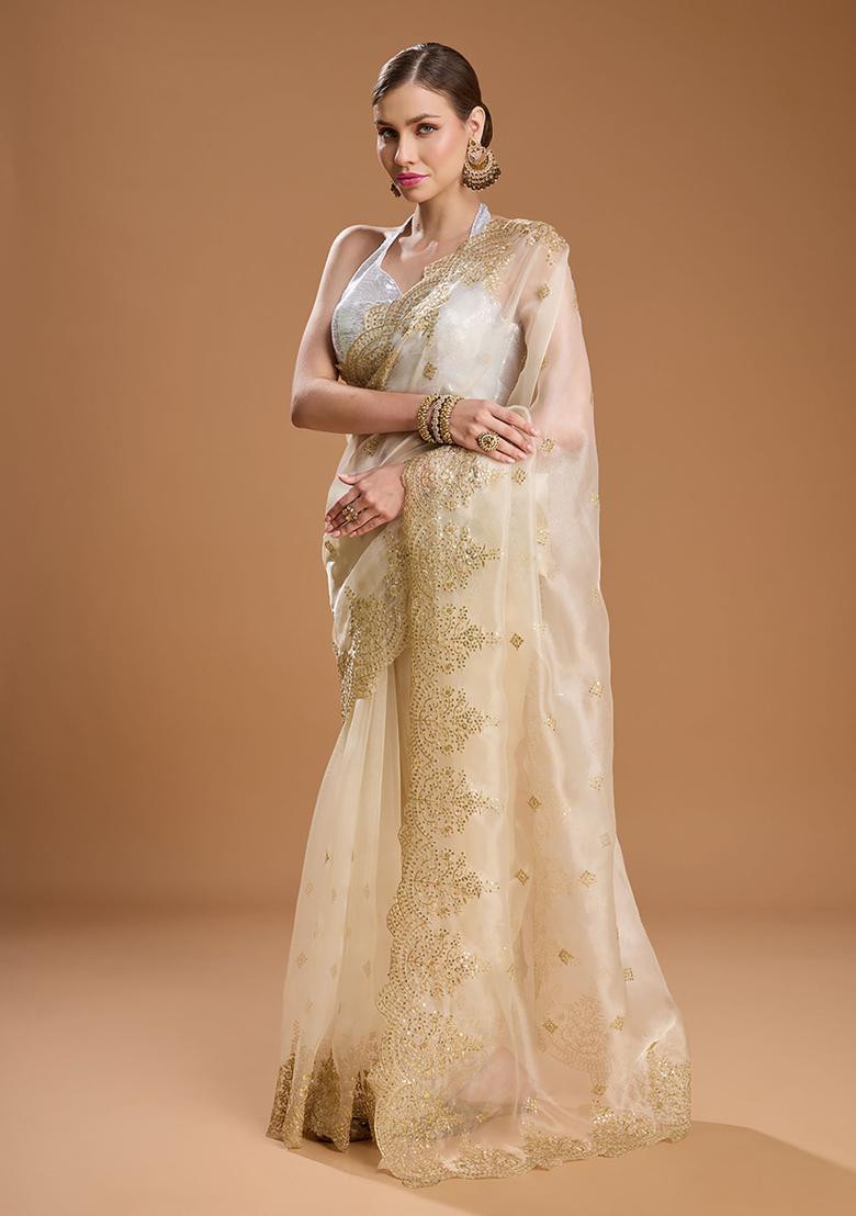 Ivory Embroidered Organza Saree Set - Indya