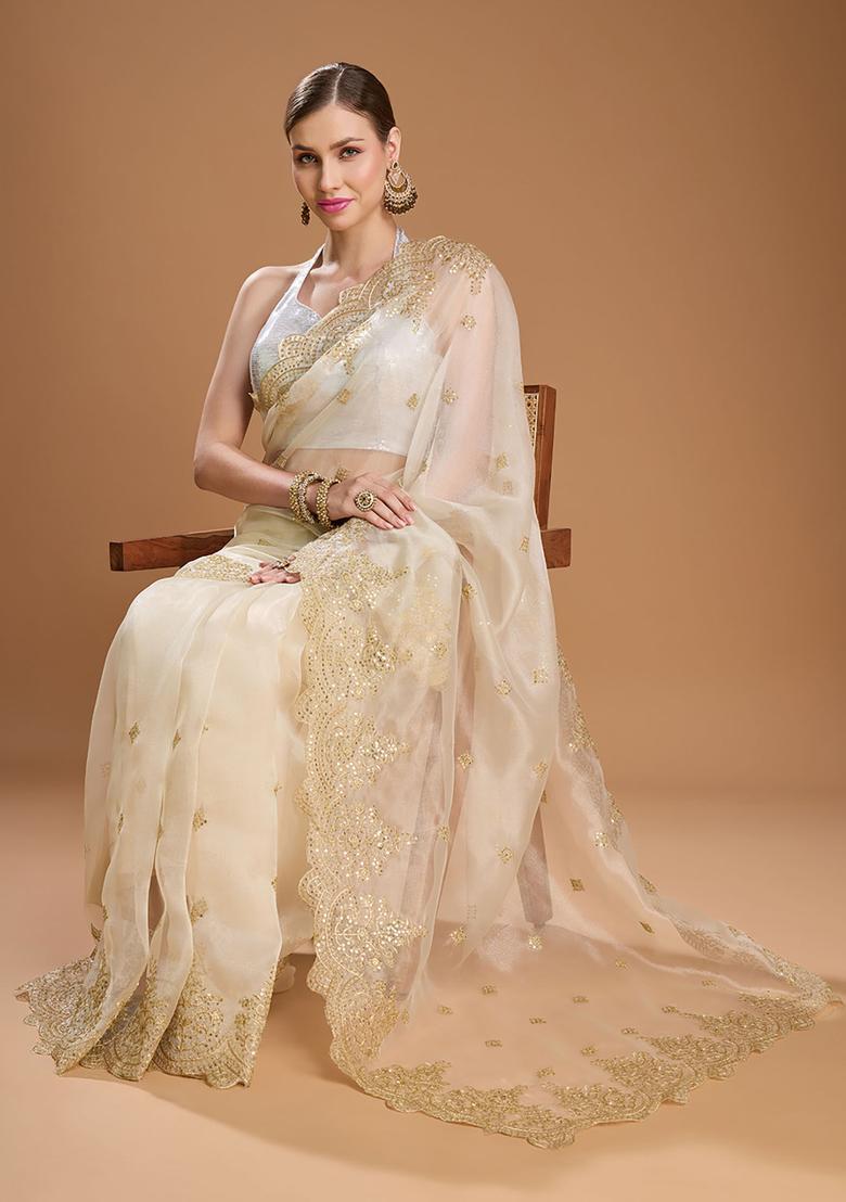Ivory Embroidered Organza Saree Set - Indya