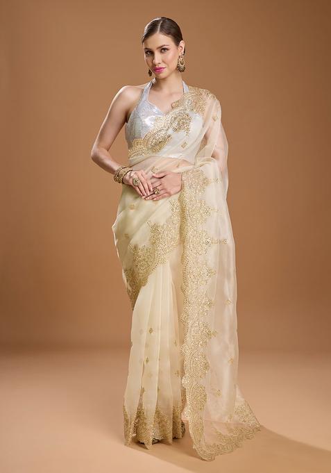 Ivory Embroidered Organza Saree Set