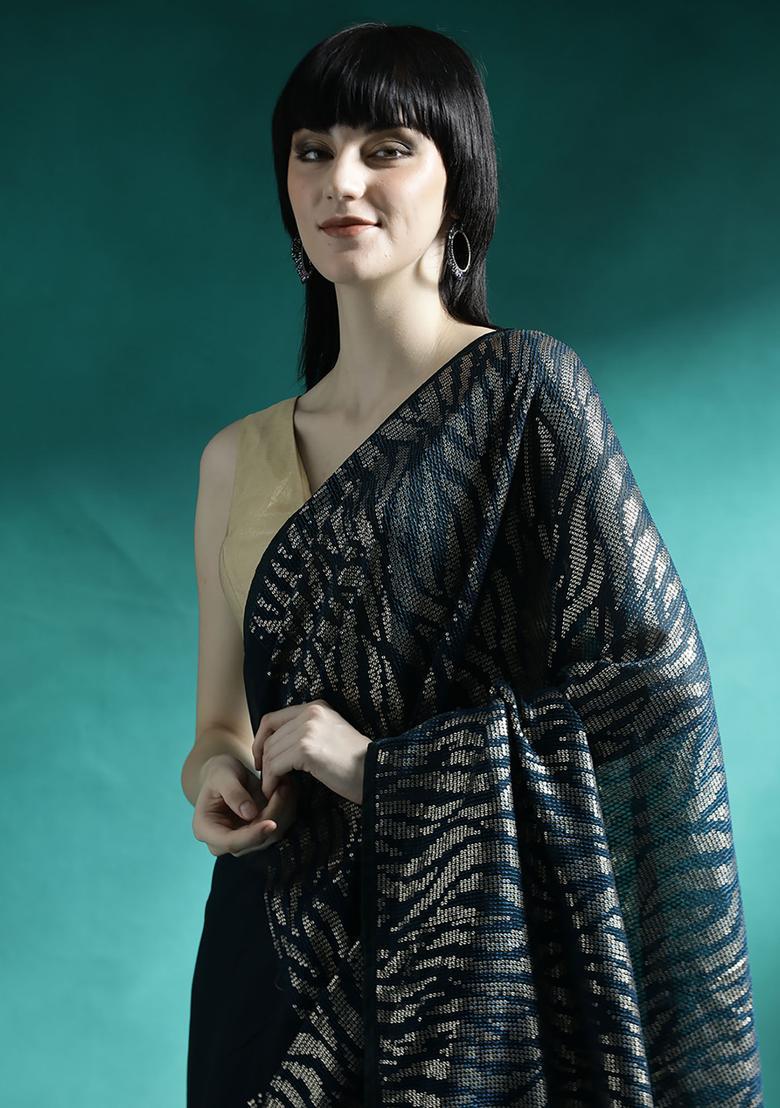 Black Sequin Work Georgette Saree Set - Indya