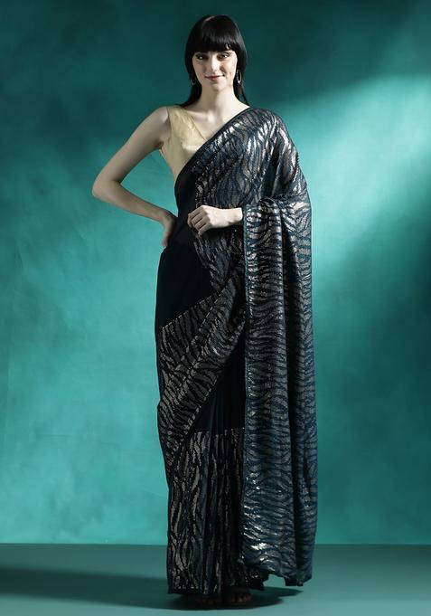 Black Sequin Work Georgette Saree Set