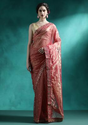 Red Embroidered Georgette Saree Set