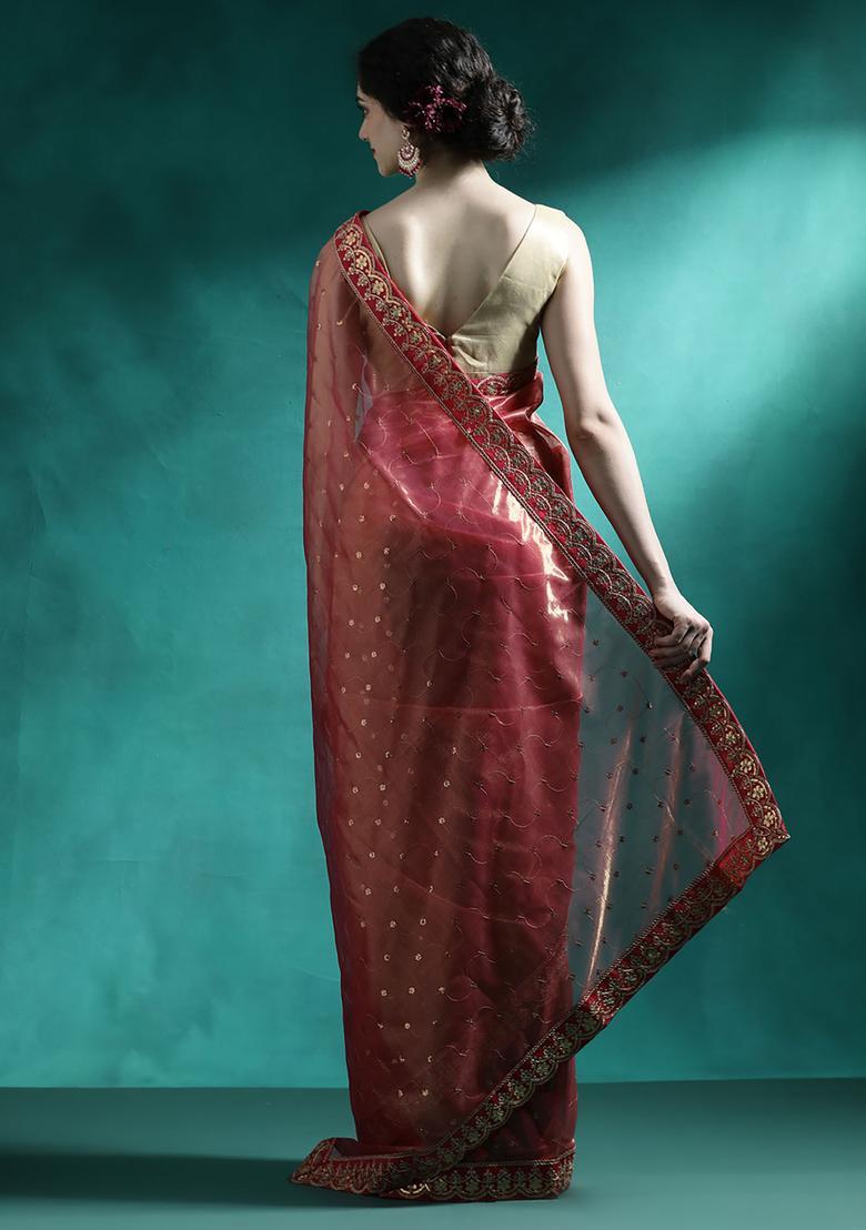 Red Embroidered Georgette Saree Set - Indya