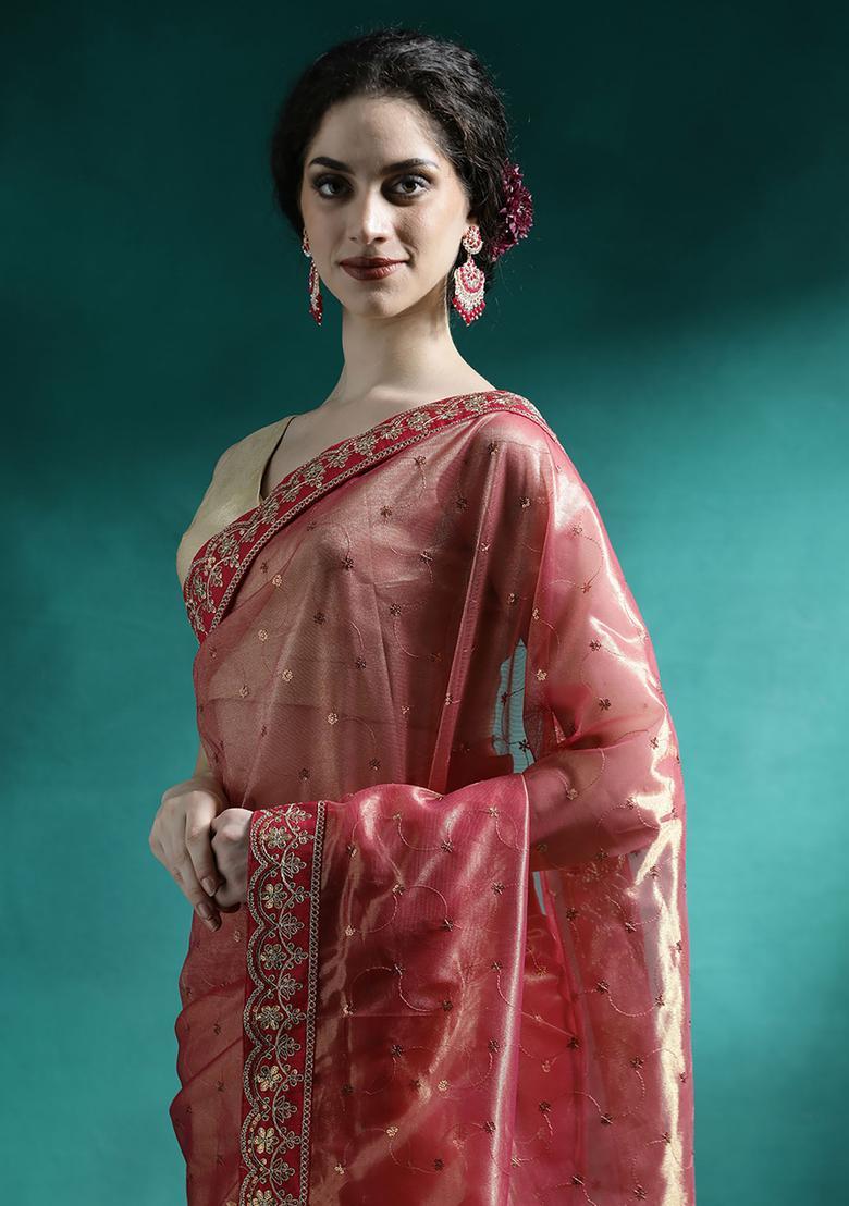 Red Embroidered Georgette Saree Set - Indya