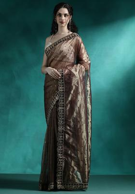 Brown Embroidered Georgette Saree Set