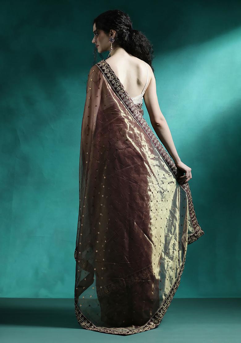 Brown Embroidered Georgette Saree Set - Indya