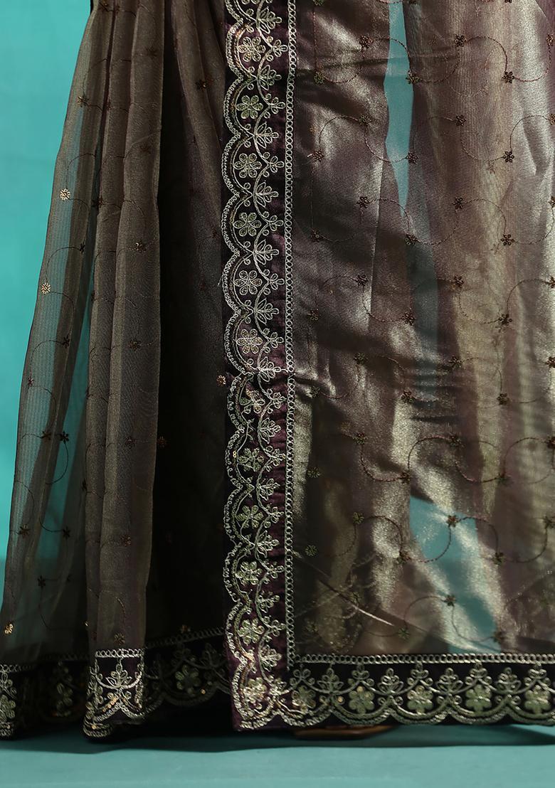 Brown Embroidered Georgette Saree Set - Indya