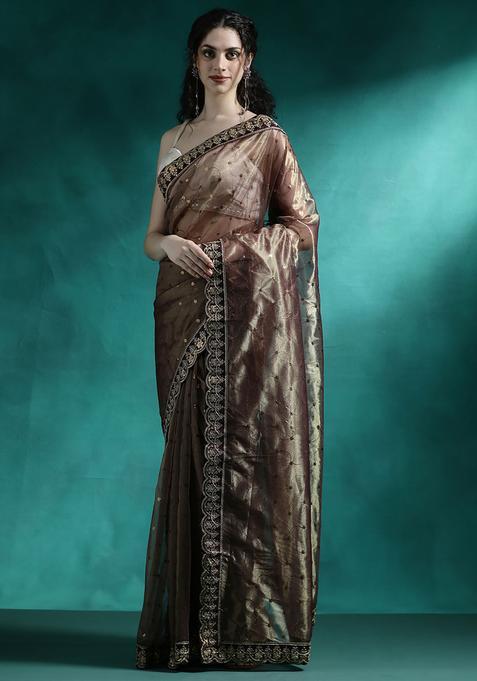 Brown Embroidered Georgette Saree Set