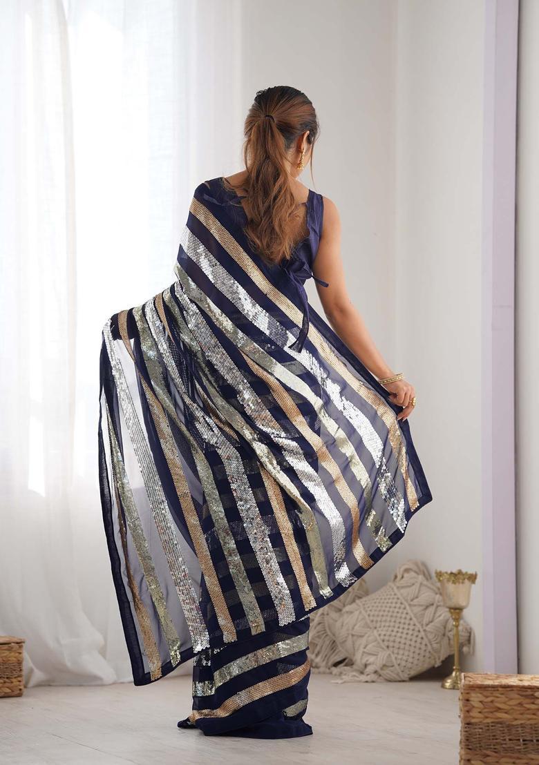 Navy Blue Sequin Work Georgette Saree Set - Indya