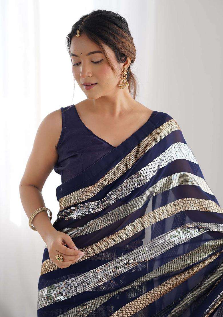Navy Blue Sequin Work Georgette Saree Set for Diwali and Festive Wear - Indya