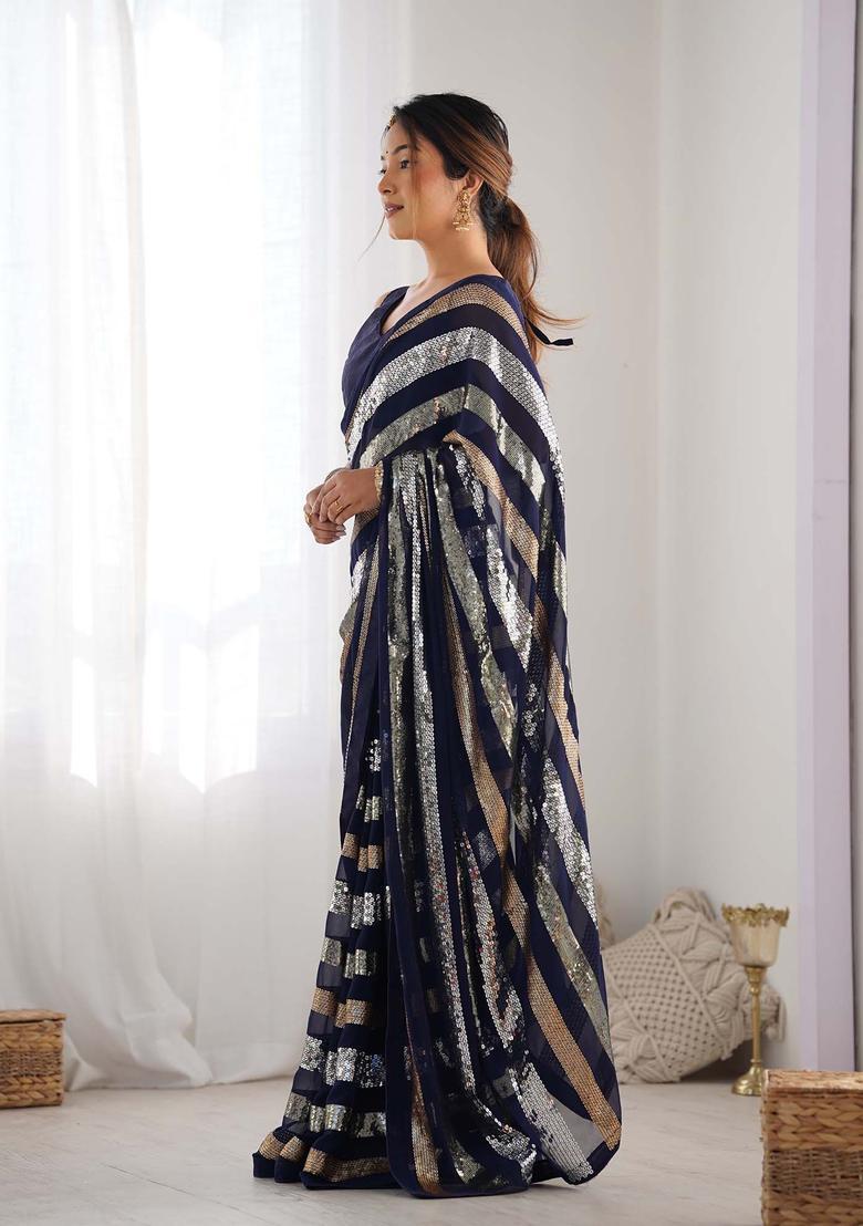 Navy Blue Sequin Work Georgette Saree Set - Indya