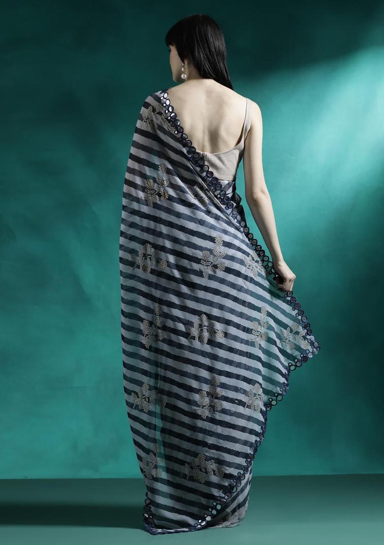Charcoal Grey Embroidered Georgette Saree Set - Indya