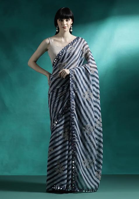 Charcoal Grey Embroidered Georgette Saree Set