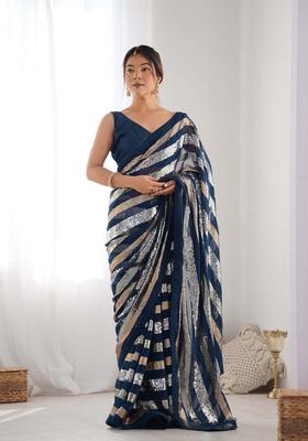 Blue Sequin Work Georgette Saree Set