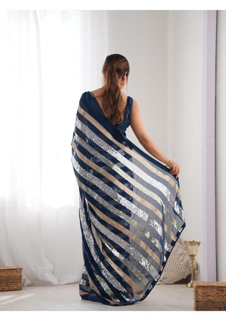 Blue Sequin Work Georgette Saree Set - Indya