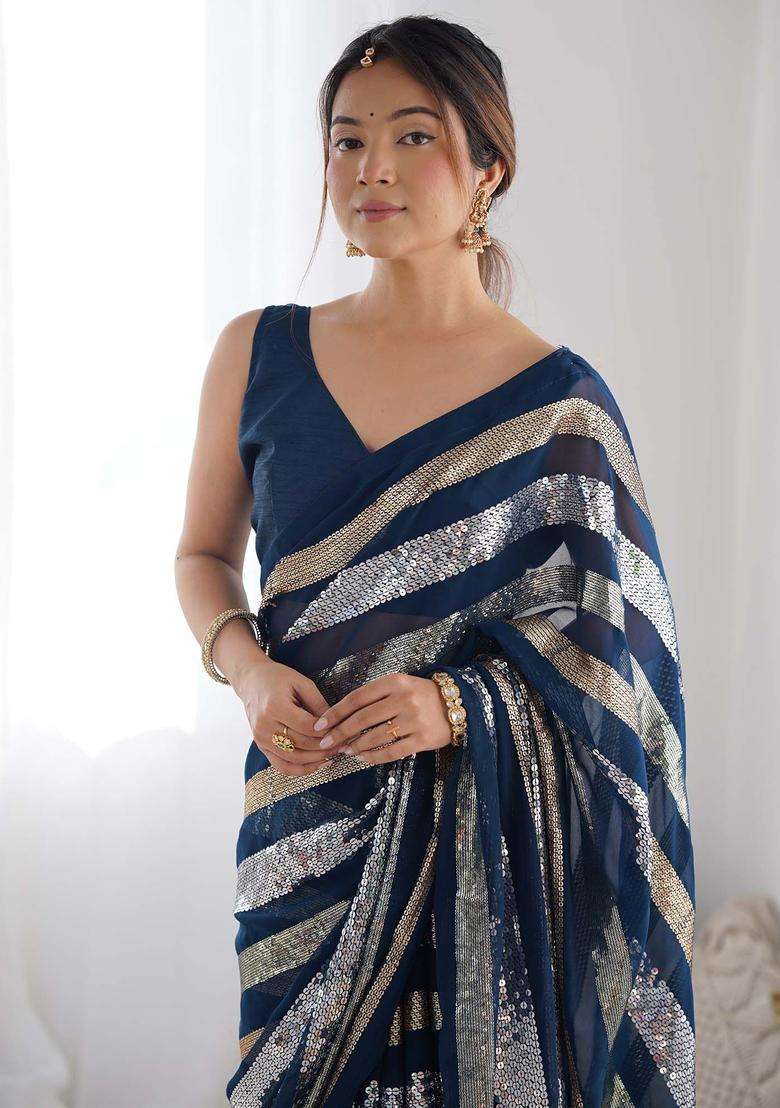 Blue Work Georgette Saree Set with Sequin for Diwali | Wedding & Festive Wear - Indya