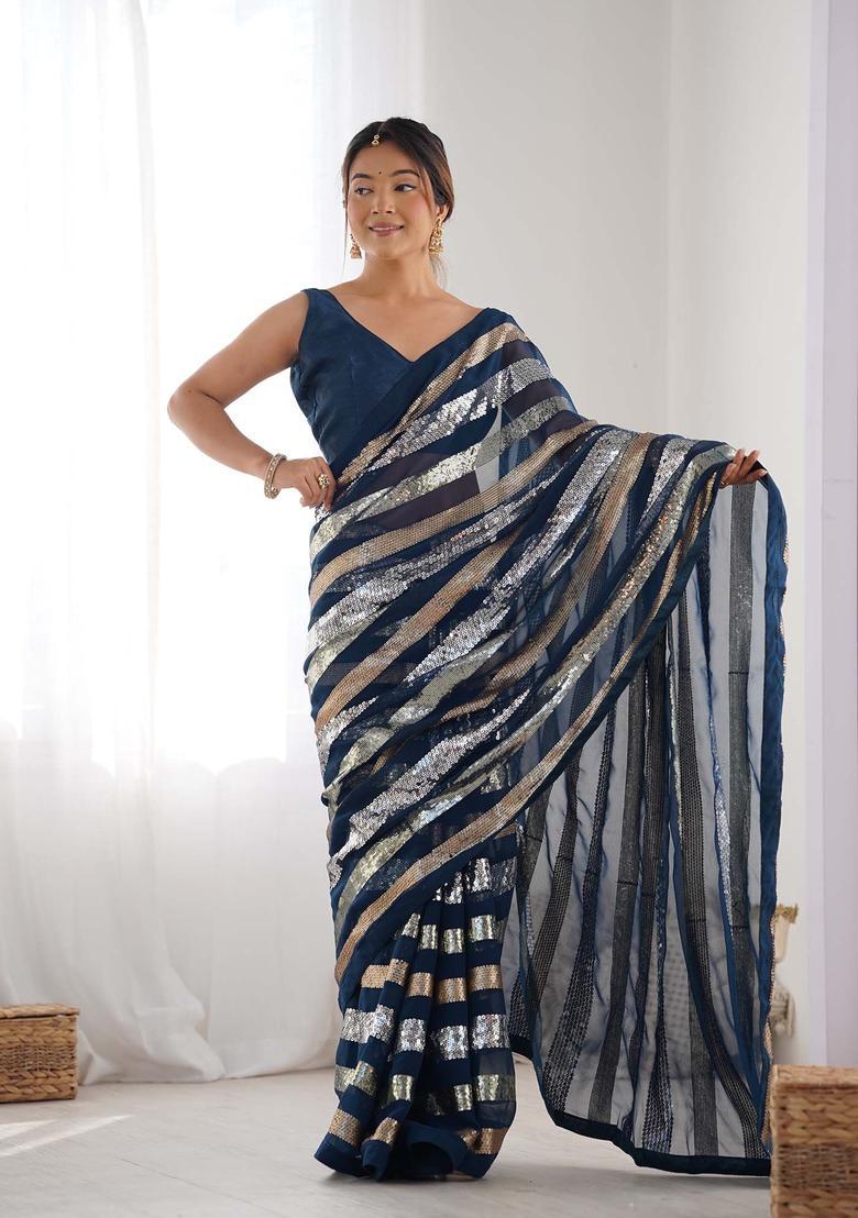Blue Sequin Work Georgette Saree Set - Indya