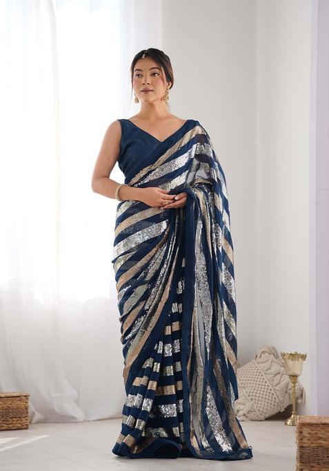 Blue Sequin Work Georgette Saree Set