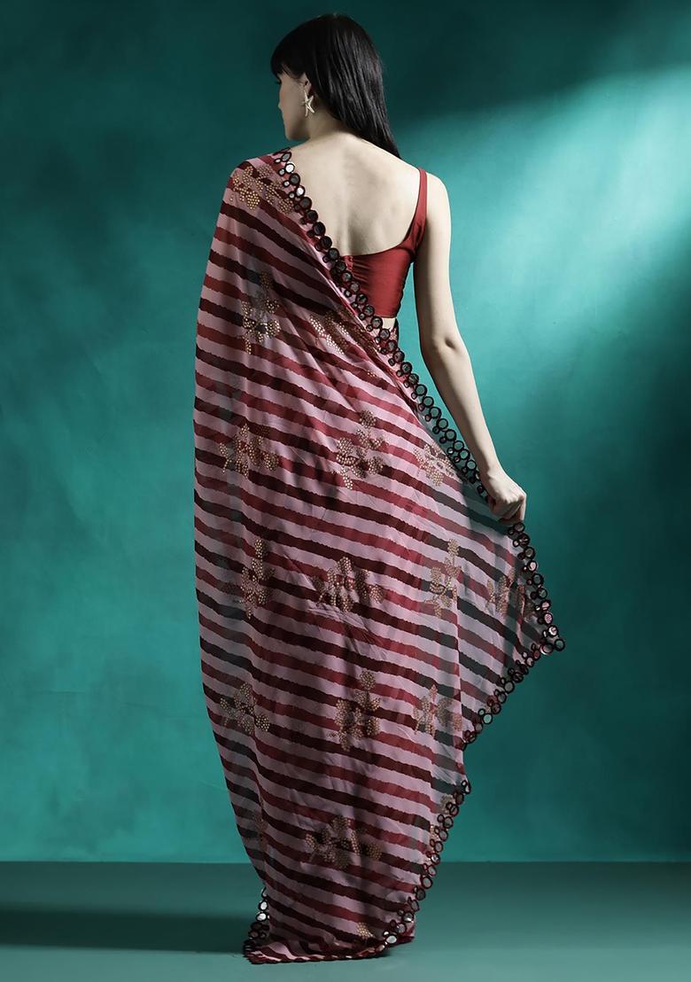 Wine Embroidered Georgette Saree Set - Indya