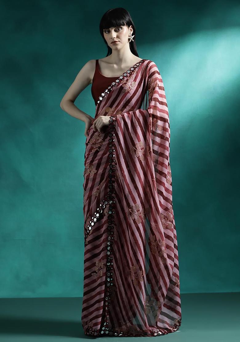 Wine Embroidered Georgette Saree Set - Indya